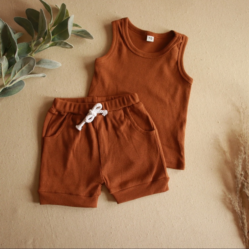 Solid Ribbed Tank Top Short Set Brown Toddler Boy